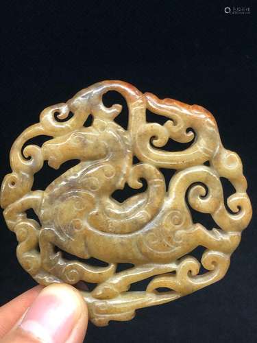 China Hongshan Culture Old Jade Carve 12 Zodiac Horse Animal...