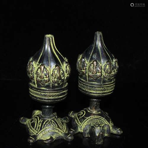 Old Chinese Bronze Longevity  Tortoise Elephant Lotus Flower...