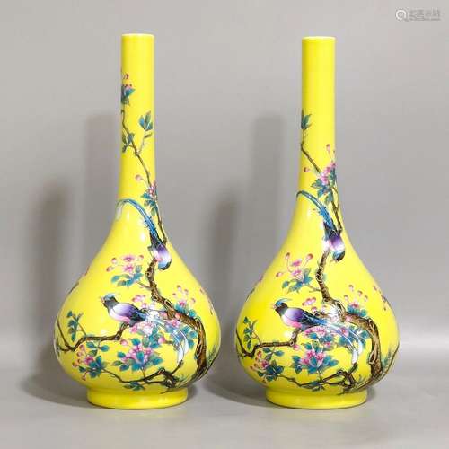 A pair of rare Chinese antique porcelain yellow glaze bird &...