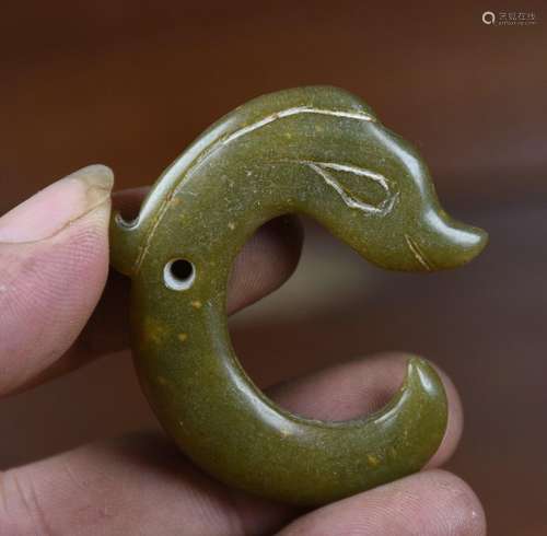 5CM Old Chinese Hongshan Culture Green Old Jade Carved Pig D...