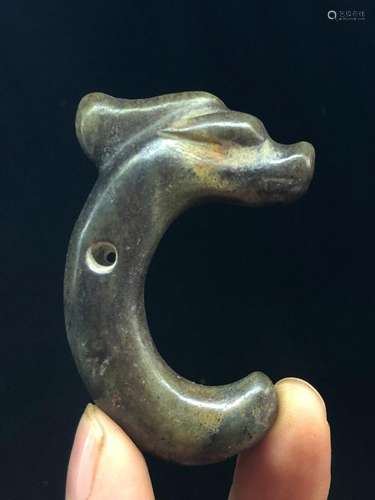 Old Chinese Hongshan Culture Old Jade Carved Pig Dragon Hook...