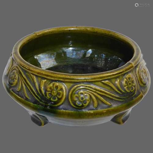 Arts & Crafts Stone Ware Low Green Bowl w Raised Design