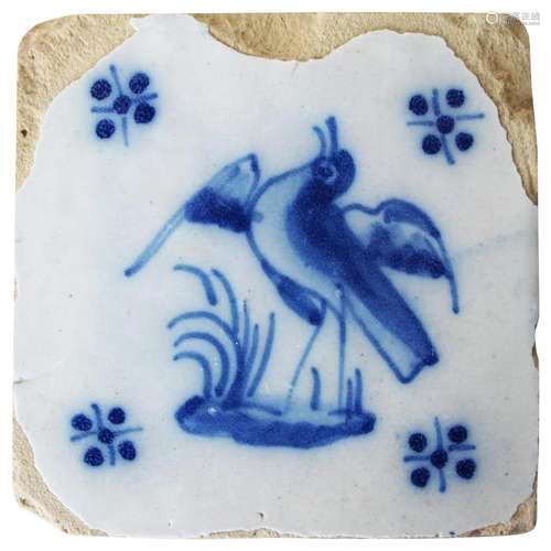 Antique Baroque Bird Tile, 18th Century, Portuguese, Tin-Gla...