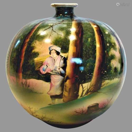 Japanese Royal Nippon Round Vase w Hand Painted Scene of Man...