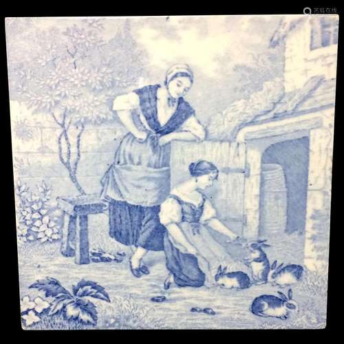 1880 ~ Tile Children Rural Life Victorian Rabbits ~ 1879