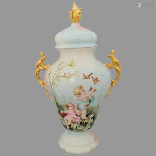 Ester Miler Limoges H.P. 11” Lidded Urn with Cherubs- signed...