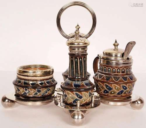 Antique Doulton Lambeth Condiment Set 1878 Annie Gentle w Si...