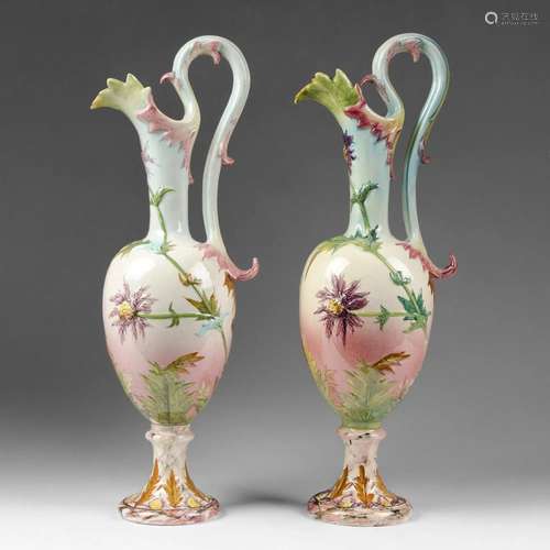 Pair of French Delphin Massier Faience Majolica Urns