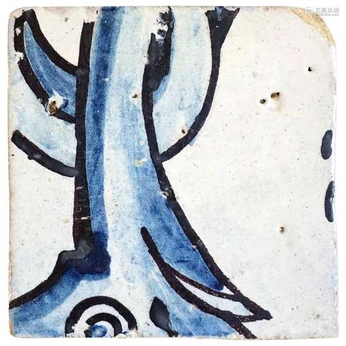 Portuguese Baroque Period Tin Glazed Pottery Tile (Azulejo)