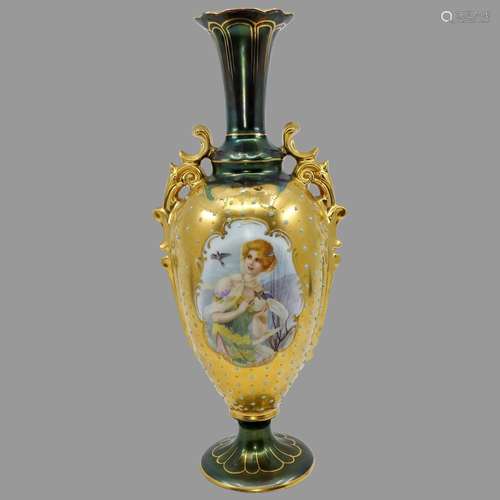 E.S. Prov Saxe 10.5" Lady with Swallows Vase- Tiffany a...