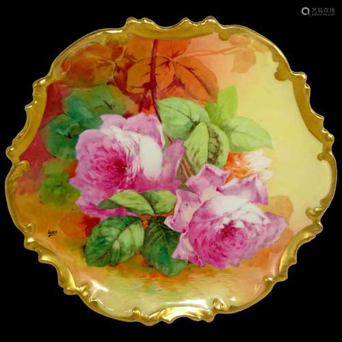 Limoges Charger Hand Painted Pink Roses Artist Signed