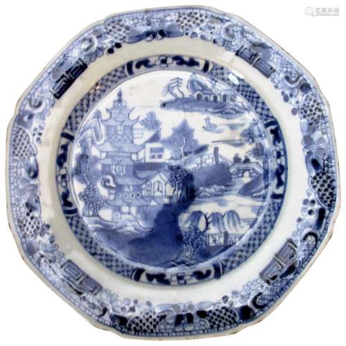 Antique Chinese Blue & White Willow Pattern Plate Qianlo...