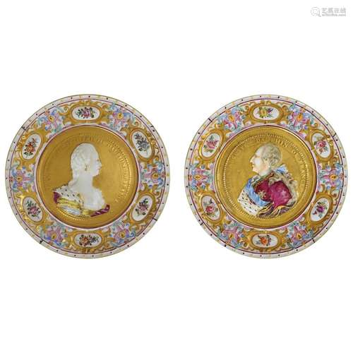 Pair Capodimonte Crowned N Cabinet Plates Louis XVI and Mari...