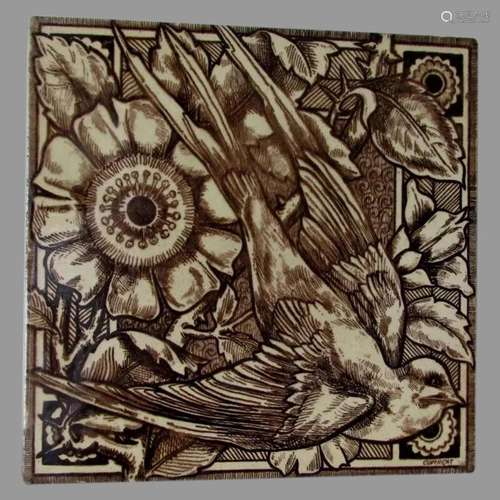 Antique English Aesthetic Movement Tile with Bird