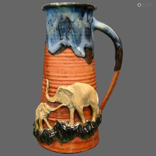 Sumida Gawa Japanese art pottery tankard elephants Ban-Ni si...