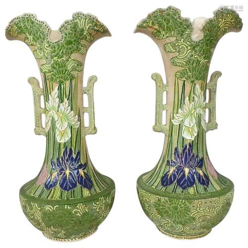 Pair of Signed Japanese Satsuma Moriage Iris Vases, 17.5” Ta...