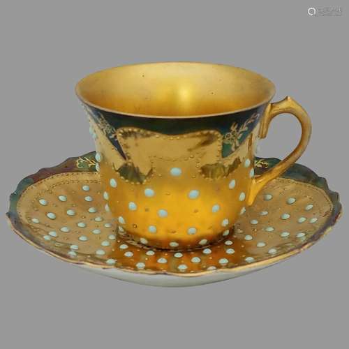 Prov Saxe E.S. Germany Demitasse Cup & Saucer- Gold Bead...