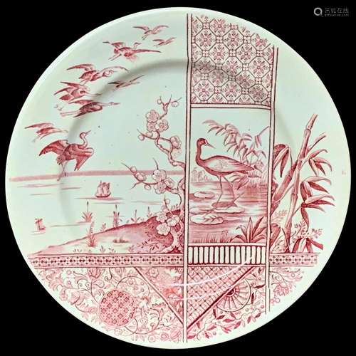 Red Transferware English Plate EGRETS KIOTO ~ 1883