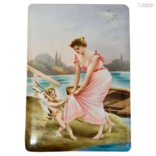 Antique Porcelain Plaque With Lady, Cherub, Bow, Quiver and ...