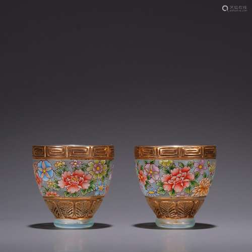 Old coloured glaze colour flower cup a coupleSpecification: ...