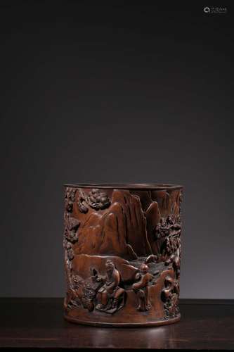 Stories of boxwood carving four pen containerSize: 17.4 cm h...