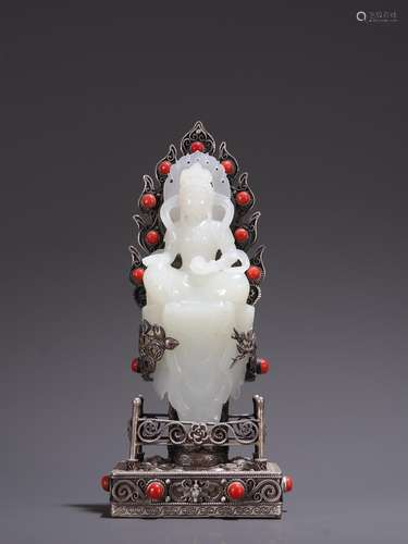 Hetian jade, seed with pure silver inlay stone base of guany...