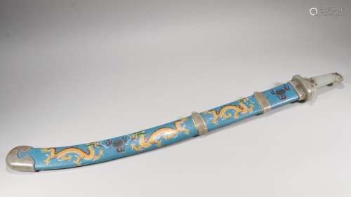 White jade treasure knife embedded wire inlay cloisonne drag...
