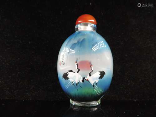 Chinese Handmade Inside Painted Crane Pattern Peking Glass S...