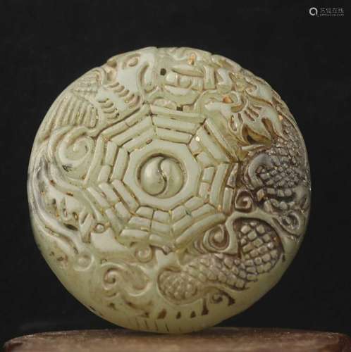 Chinese old natural jade hand-carved statue dragon phoenix p...