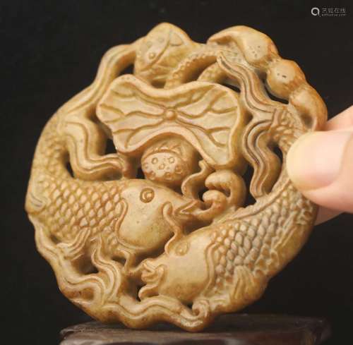 Chinese old natural jade hand-carved statue fish flower pend...