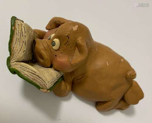 Hand Crafted Brown Pig Figurine Reading Love Stories 5”x3”