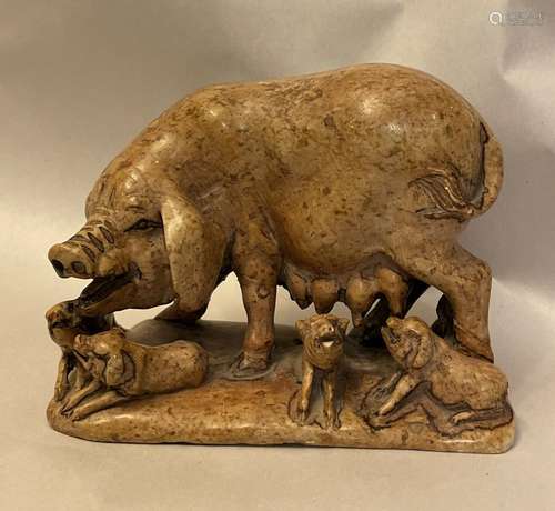 Antique Chinese Carved Marble  PIG & Baby PIGLETS Ornate...