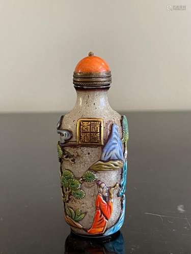 Vintage Chinese Glass Snuff Bottle with Detailed Overlay Dec...