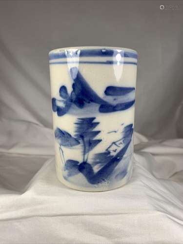 VTG Asian Blue And White Brush Pot Hand Painted