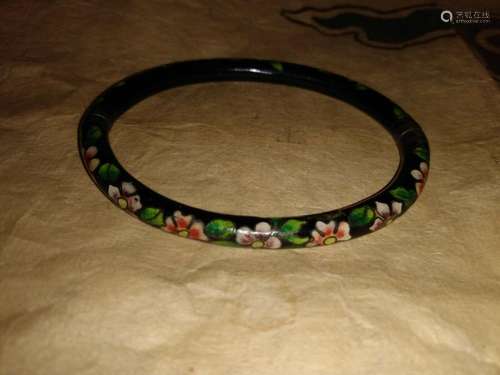 Vintage Chinese Black Cloisonné Clasp Bangle Bracelet with C...