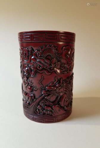 Chinese Red Resin Brush Pot w/beautifully carved Dragon and ...