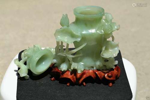 A019 Estate Chinese Carved Serpentine covered vase on Stand,...