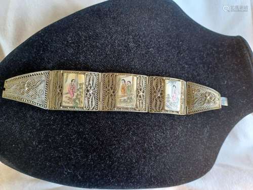 ANTIQUE CHINESE EXPORT SILVER FILIGREE HAND PAINTED GEISHA B...