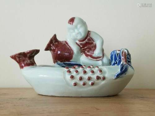 Yuan A Copper Red & Blue & White Glazed Figural Brus...