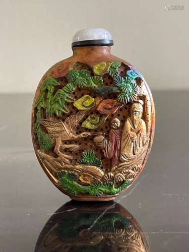 Vintage Chinese Gold Gilded and Painted Carved Wood Snuff Bo...