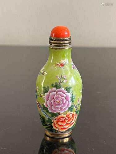 Chinese Green Peking Glass Snuff Bottle with Hand Painted Bi...