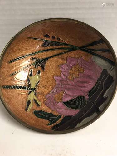 Vintage Cloisonne Bowl w/ Butterfly & Flowers - Great Co...