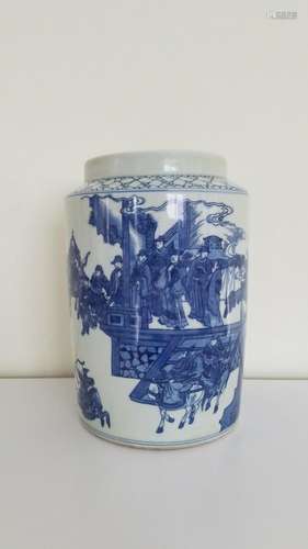 Kangxi Style Chinese Warriors Blue & White Porcelain Lar...