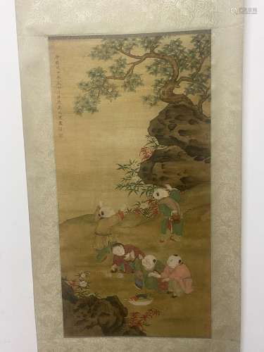 Figure vertical YuZhiDing, silk scroll painting baby playDra...