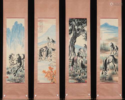 P80N2972 xu beihong horse four screen vertical fine 136 x35c...