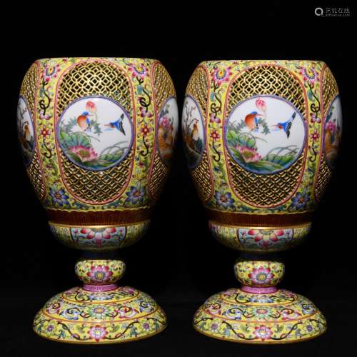 Colored enamel painting of flowers and grain palace lantern,...