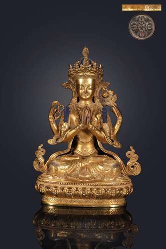 Precision casting copper foetus gold four arm guanyin caveSi...