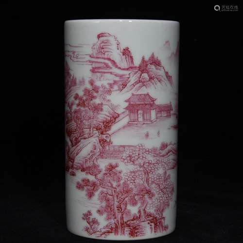 carmine color landscape pattern brush pot13.2 diameter of 7I...