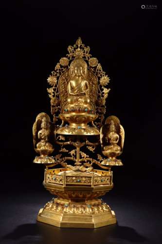 : copper and gold three holy even Buddha statue in the westS...