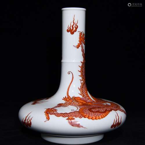 Alum red paint dragon flat belly bottle, 27 cm, 23 cm in dia...